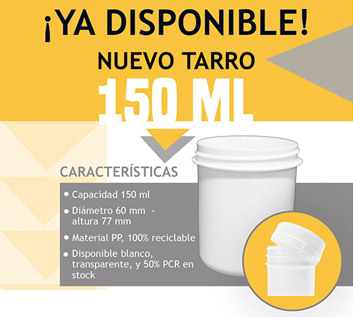 En Pérez Linares disponemos de un nuevo tarro con capacidad de 150 ml. ¡Disponible en color blanco, natural y 50% PCR! Además, es 100% reciclable y su rosca 60 ml permite combinarla con nuestra gama de tapas para tarros.