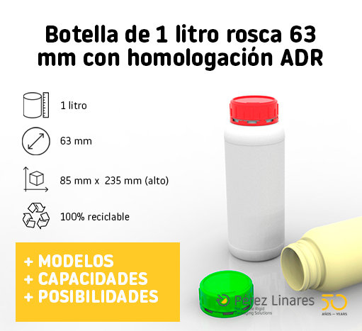 Botella 1 litro rosca 63 mm con homologación ADR